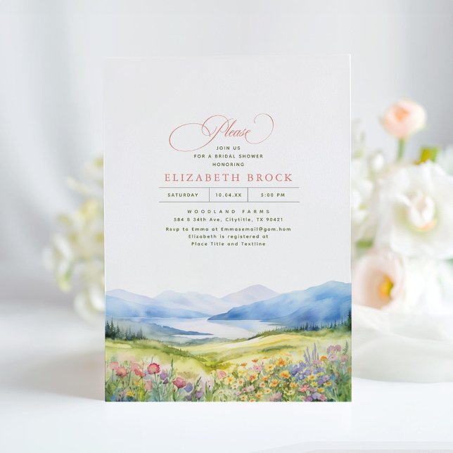 Berge und Wildblumen Elegantes Brautparty Einladung (Wildflowers and Mountains Horizons Bridal Shower Invitations)
