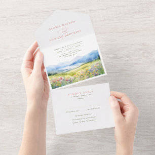Berge und Wildblumen Landschaftshochzeit All In One Einladung