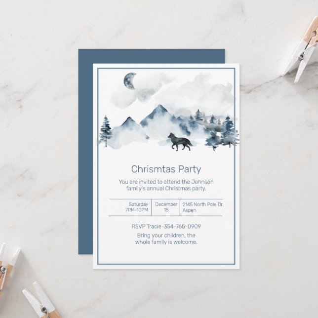 Berge und Wolf Weihnachtsgebirge Party Einladung (Vorderseite/Rückseite Beispiel)
