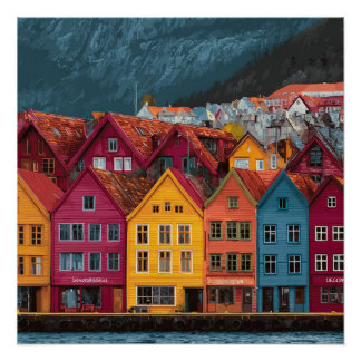 Bergen Norwegen Kleines Küsten Siedlung Vintage Poster