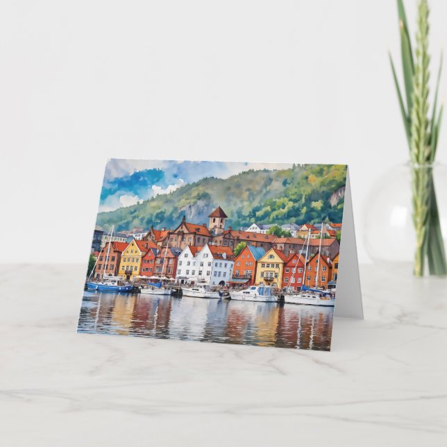 Bergen Norwegen Watercolor Karte (Vorderseite)
