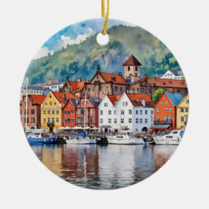 Bergen Norwegen Watercolor Keramik Ornament