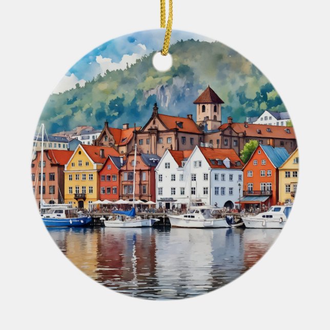 Bergen Norwegen Watercolor Keramik Ornament (Vorne)