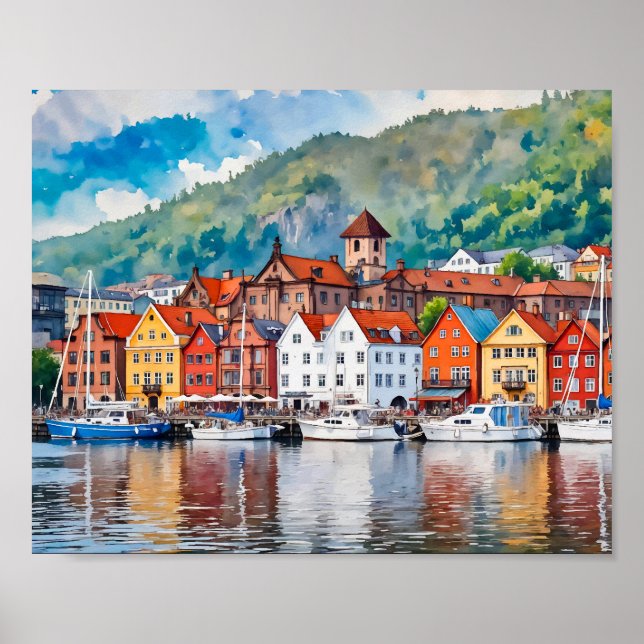Bergen Norwegen Watercolor Poster (Vorne)