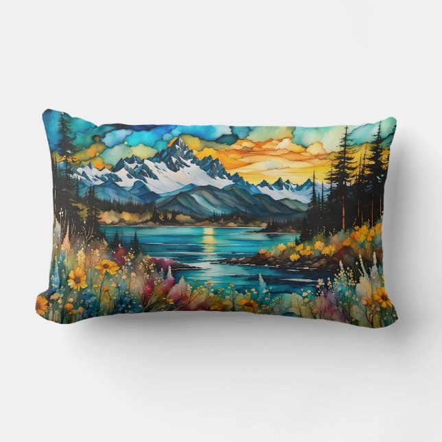 Bergfluss und Wildblumen Landschaft Lendenkissen (Vorderseite)