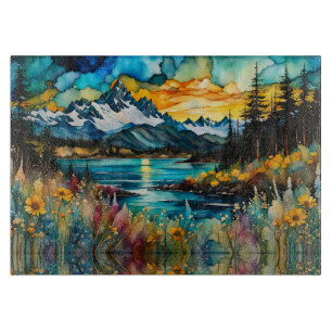 Bergfluss und Wildblumen Landschaft Schneidebrett