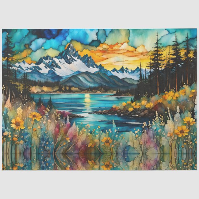 Bergfluss und Wildblumen Landschaft Seidenpapier (Vorderseite)