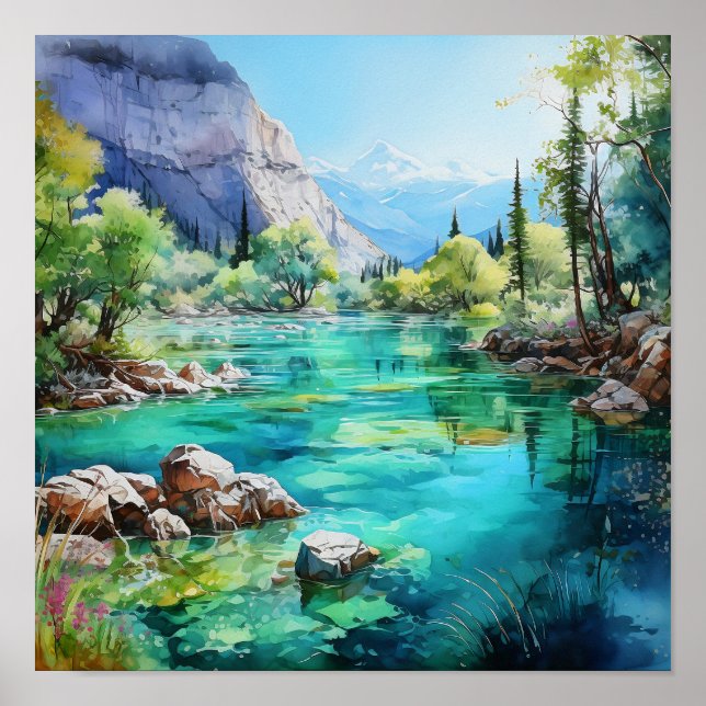 Bergfluss Vivid Farben Wasserfarben Malerei Poster (Vorne)