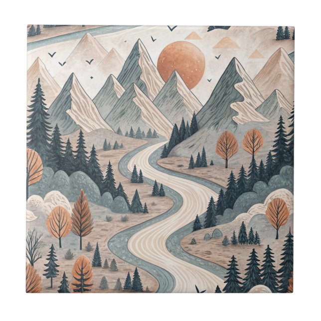 Bergflusslandschaft Boho abstraktes Muster Kunst Fliese (Vorderseite)
