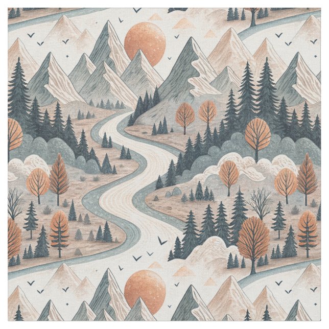 Bergflusslandschaft Boho abstraktes Muster Kunst Stoff (Nahaufnahme)