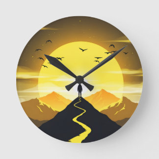 Berggipfel-Silhouette mit einem windenden Sockel Runde Wanduhr