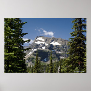 Berggipfel zwischen Bäumen unter blauem Himmel Poster