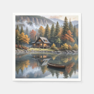 Berghütte mit Rowboat auf einem See Serviette