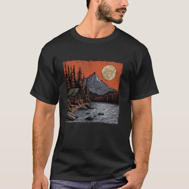 Berghütte Moonlit Rustikale Naturlandschaft Des De T-Shirt (Vorderseite)