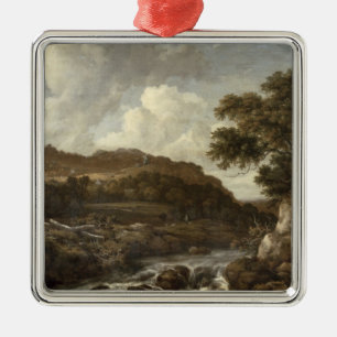 Bergige bewaldete Landschaft mit einem Strom Ornament Aus Metall