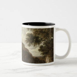 Bergige bewaldete Landschaft mit einem Strom Zweifarbige Tasse