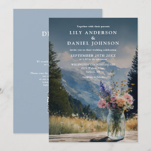Bergige Blumen-Mason-Jar-QR-Code-Hochzeit Einladung