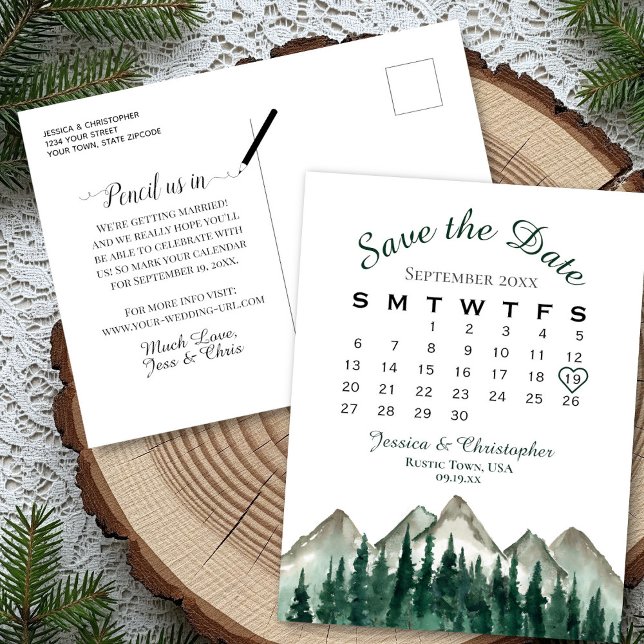 Bergkalender und Hochzeitkalender für Kiefern Save Ankündigungspostkarte (Front/Back)