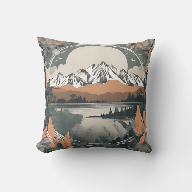 Bergkette und Seenlandschaft, Wasserfabenbild Kissen (Vorderseite)