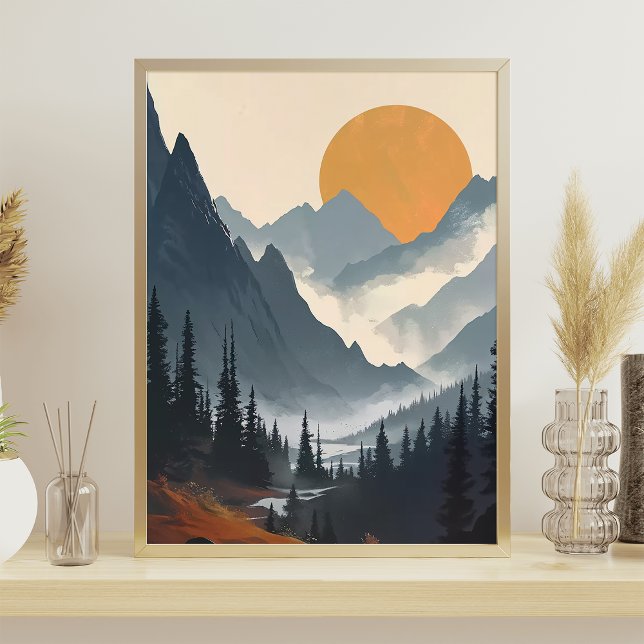 Berglandschaft Illustration Orange Gray Poster (Von Creator hochgeladen)