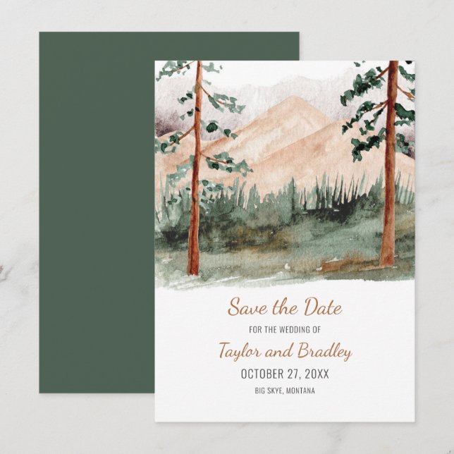 Berglandschaft Pine Trees Rustikal Save the Date (Vorne/Hinten)
