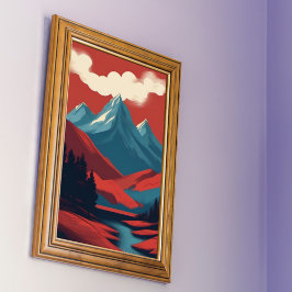 Berglandschaft Rot Blauer Retro Illustration Poster
