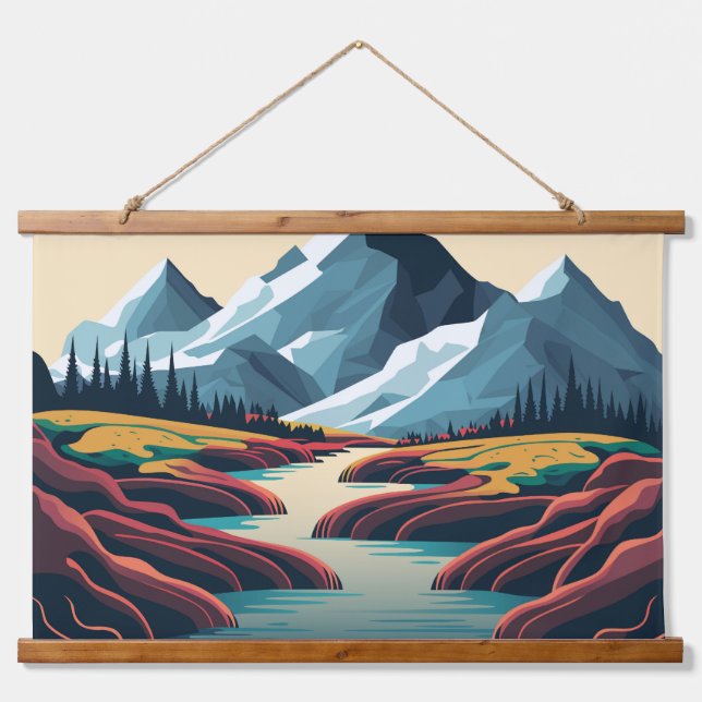 Berglandschaft Wandteppich Mit Holzrahmen (Vorne)