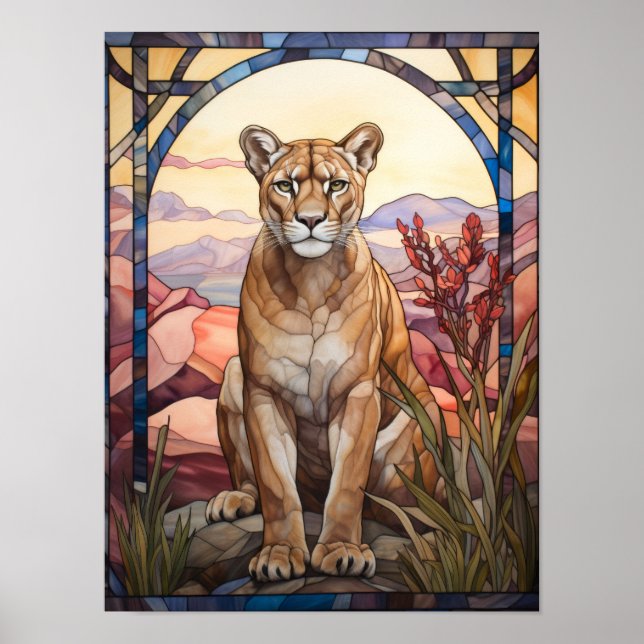 Berglöwe-Buntglas-Wüstenkunst Poster (Vorne)