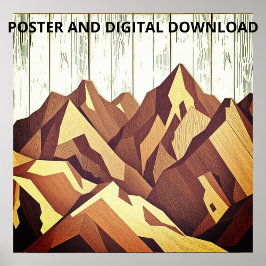 Bergpanorama auf rustikalem Holzboden Poster