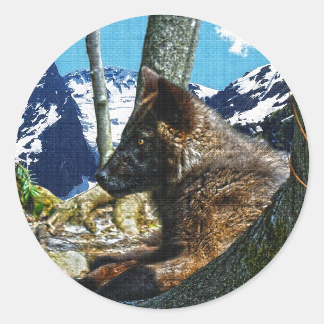 Bergschwarzer Wolf Reitstall am Fuß des Berges Runder Aufkleber (Vorderseite)
