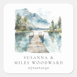 Bergsee-Aquarell-Wald-Bäume-Hochzeit Quadratischer Aufkleber