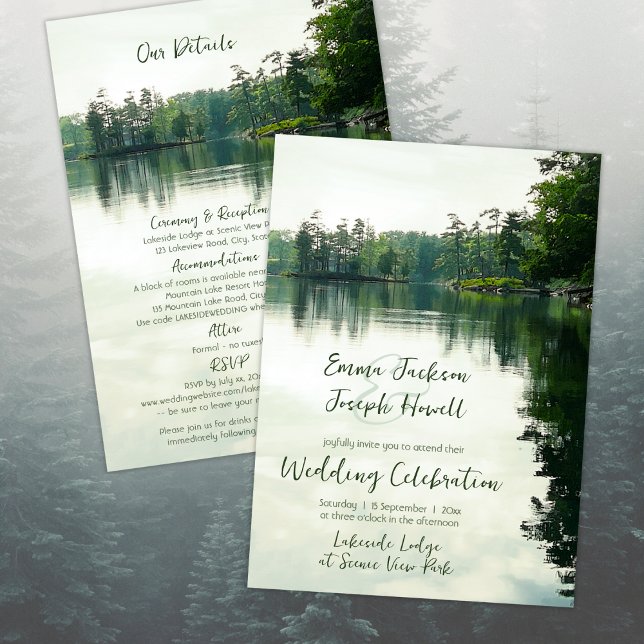 Bergsee-Details in einer Hochzeit Einladung (front & back - combination invitation plus details card - easily add a QR code with Z design tool)