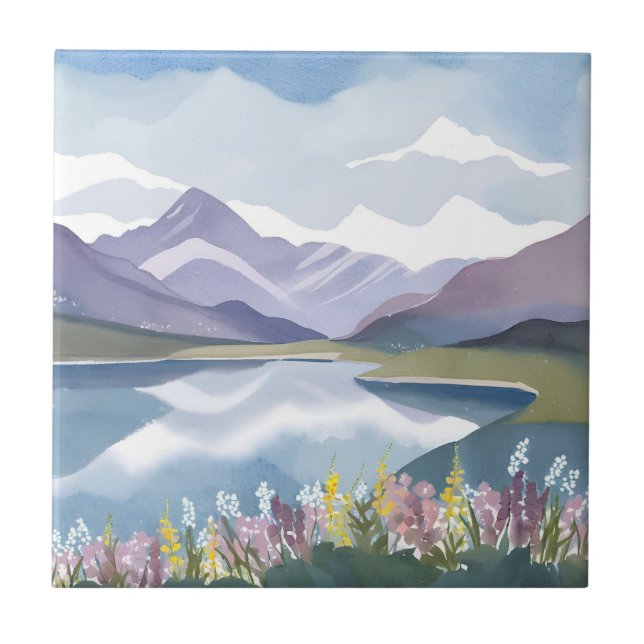 Bergsee | Florale Aquarell-Landschaft Fliese (Vorderseite)