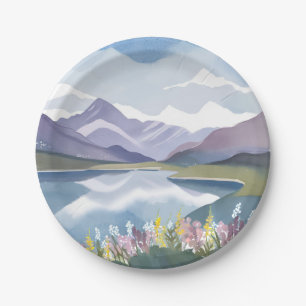 Bergsee   Florale Aquarell-Landschaft Pappteller