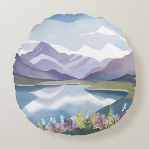 Bergsee   Florale Aquarell-Landschaft Rundes Kissen