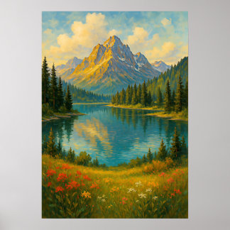 Bergsee-Landschaftsmalerei Kunstprint | Szene Poster