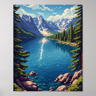 Bergsee mit Kiefernwald und felsiger Küste Nat Poster