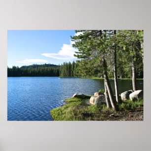 Bergsee, Pinienbäume, Boot Poster