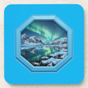 Bergsee spiegelt Nordlichter in blauem Rahmen Getränkeuntersetzer