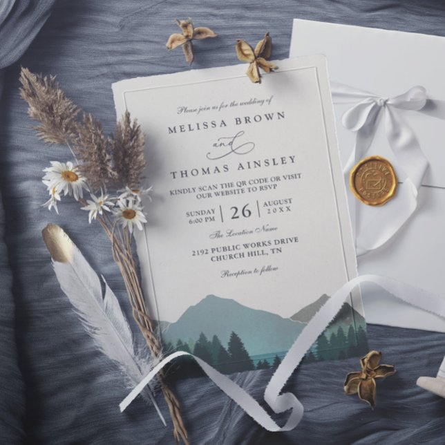 Bergsee Wald Bäume Kiefer QR-Code Hochzeit Einladung (Von Creator hochgeladen)