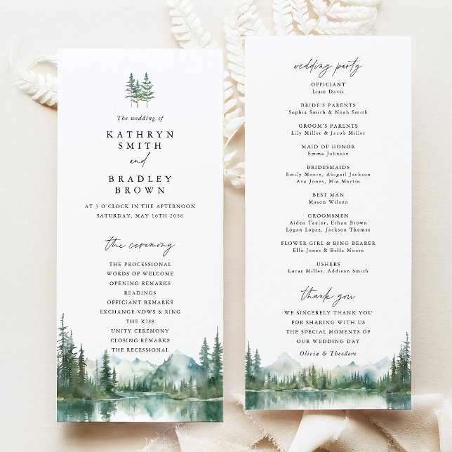 Bergsee-Wald-Hochzeitszeremonie Programm (Mountain Lake Wedding Program, Woodland Wedding Ceremony Program, Forest Wedding Stationery Suite)