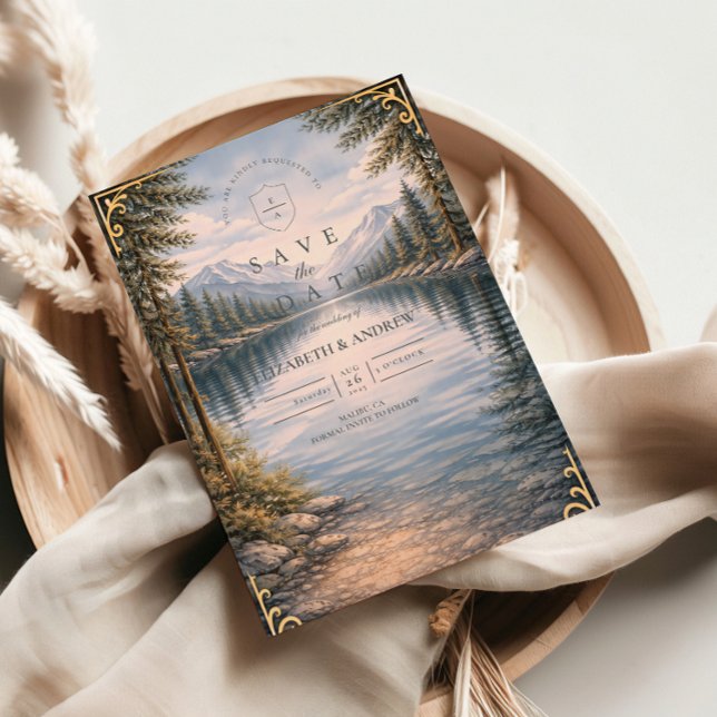 Bergsee-Wald-Reflexions-Hochzeit Save The Date (Von Creator hochgeladen)