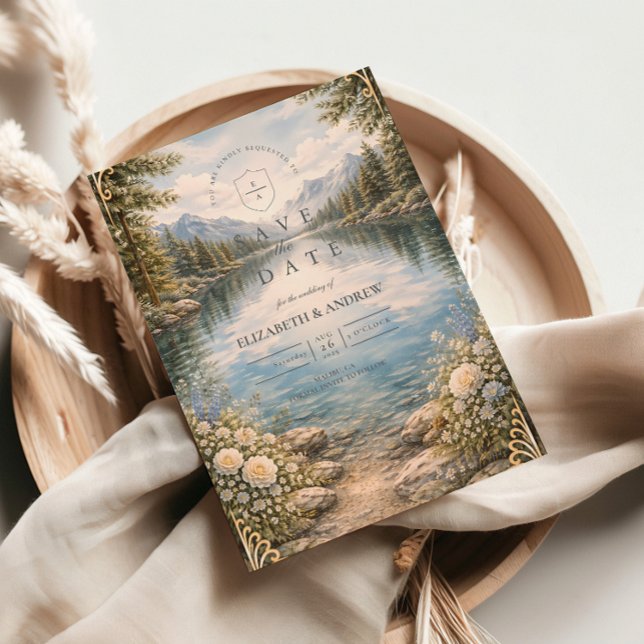 Bergsee-Wald-Wildblumen-Hochzeit Save The Date (Von Creator hochgeladen)