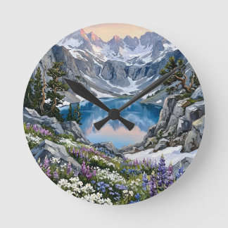 Bergsee-Wildblumenwiese-Kunst Runde Wanduhr
