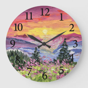 Bergsonneaufgang mit Wildblumen Große Wanduhr