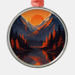 Bergsonnenuntergang Reflexion Feuerorange Himmel Ornament Aus Metall