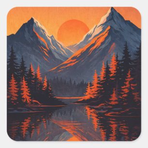 Bergsonnenuntergang Reflexion Feuerorange Himmel Quadratischer Aufkleber