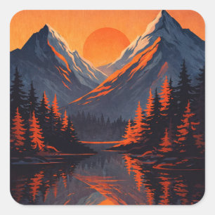 Bergsonnenuntergangsreflexion Feuerorange Himmel Quadratischer Aufkleber