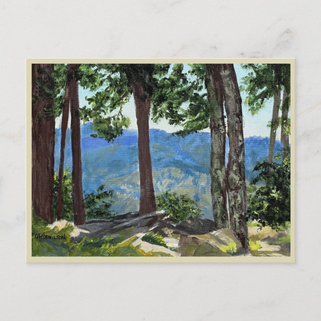 Bergspitzen mit Aussicht Bäume Ferne Täler Kunst,  Postkarte (Vorderseite)