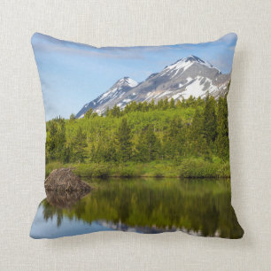 Bergspitzen spiegeln sich in einem Biberteich wide Kissen